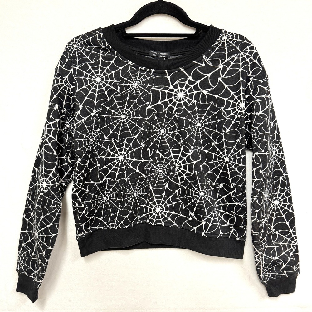Better Together Black w White Spider Webs Boxy Sweatshirt, Small, Halloween!